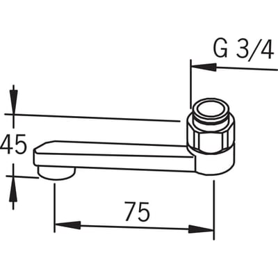 Teknisk tegning af Oras D-tud, 75 mm lang, med 3/4" omløber og målinger angivet.