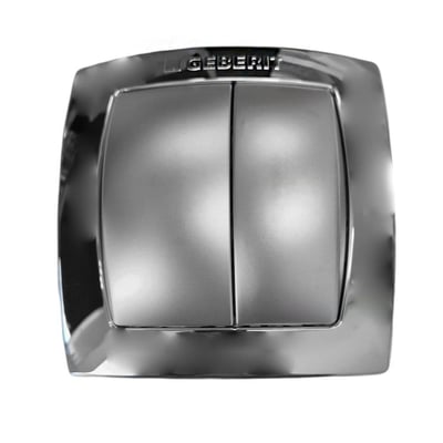 Geberit Prego pneumatisk trykknap i krom til dobbeltskyl med to tydelige knapper og Geberit logo.