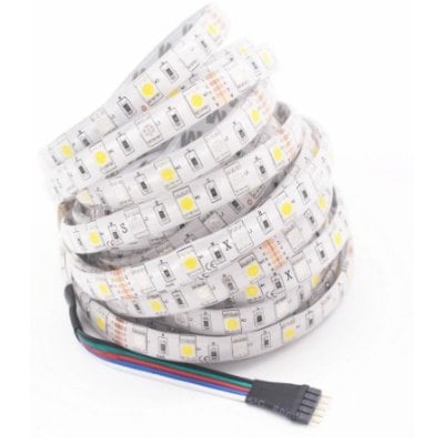 Rullet 5 meter RGB+WW LED strip, 12V, 60 LED/meter, IP65, med tilslutningskabel, klar til montering.