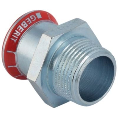 Nærbillede af Geberit Mapress FZ overgang med synlig 22 mm muffe og 1" gevindnippel, el-forzinket stålkonstruktion.