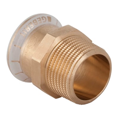 Geberit Mapress kobber overgang, 28 mm til 3/4" udvendigt gevind, med synlig presseindikator og transparent prop.