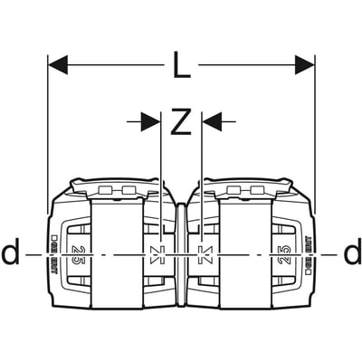 Teknisk tegning af Geberit FlowFit kobling, sort PPSU, 20mm, der viser dimensioner som L, Z og d.