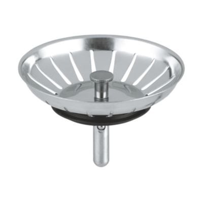 Grohe kurveventil prop til køkkenvask Ø83 mm, isoleret på hvid baggrund med krom finish og gummipakning.