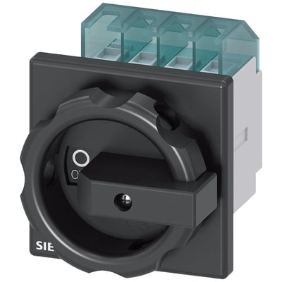 Siemens SENTRON 3LD hovedbryter på 16 A med fire poler, svart front og dreibar betjeningsknapp.