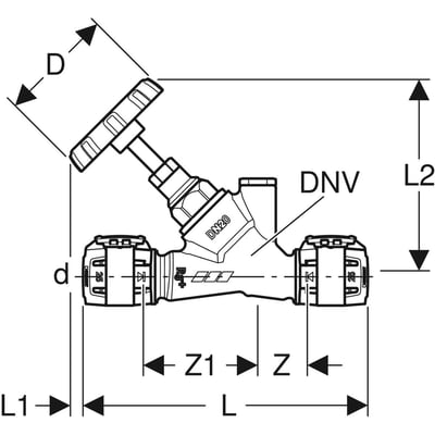 Teknisk tegning af Geberit FlowFit afspærringsventil, 25mm, med dimensioner og markeringer angivet.