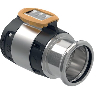 Geberit FlowFit overgang 50x42mm i rustfrit stål med sort og orange kunststofdetaljer.