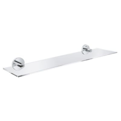 Grohe Start glashylde, 530x145mm, med skinnende krom holdere på hvid baggrund.