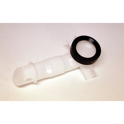 Ifö Spira vandfordeler til gulvtoilet i hvid plast med sort pakning, isoleret på hvid baggrund.