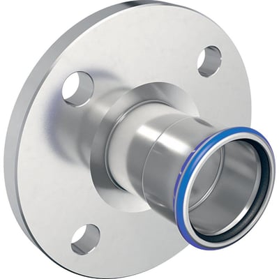 Geberit Mapress RF overgangsflange i rustfrit stål med 35 mm diameter og blå O-ring, klar til presmontering.