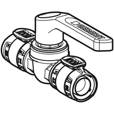 Geberit Flowfit kugleventil 40mm med L-greb i en teknisk tegning, blyfri siliciumbronze, DVGW godkendt.