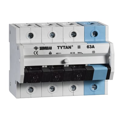 Niko Gruppeafbryder 61-008 3-pol+N med 63A mærkning, hvid og lyseblå plast med tydelige kontakter.