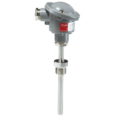 Danfoss temperaturtransmitter MBT 3252 med 100mm sensor og 1/2" tilslutning, vist lige forfra på hvid baggrund.