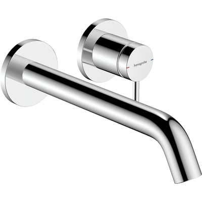 Hansgrohe Tecturis S håndvaskarmatur i krom med en 22,5 cm tud monteret på en væg med to cirkulære rosetter. Etgrebsbetjening ses tydeligt med rød og blå markering.