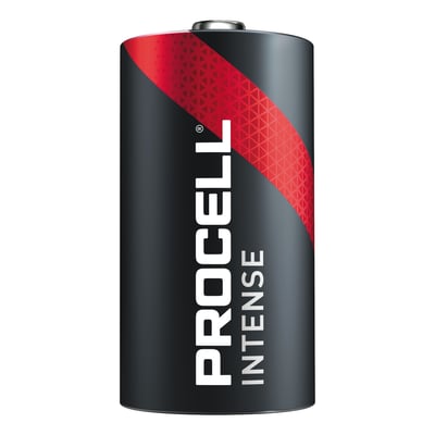 Duracell Procell Alkaline Intense D-batteri, LR20 på 1,5 V, set forfra med sort og rød etiket.