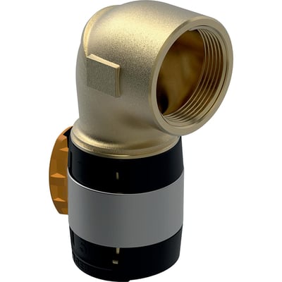 3D-rendering af Geberit FlowFit bøjning 90°, 50mmx1 1/2", viser messingmateriale, indvendigt gevind og muffe.