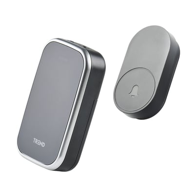 Sort Trend dørklokke Bluu 1 Novus med batteri og vandtæt dørtryk, vist med en rækkevidde op til 150 meter.