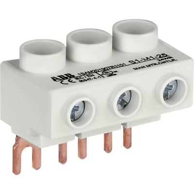 ABB S1-M1-25 tilslutningsklemme med tre hvide terminaler på toppen og tre skrueterminaler på siden.