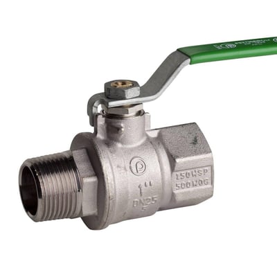 Nærbillede af Pettinaroli Kuglehane Eco med 3/4" nippelgevind og grønt stålgreb, fremstillet i messing.