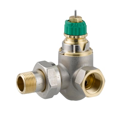 Danfoss RA-DV 10 ventilhus med Rp 3/8" sideløb højre tilslutning og grøn forindstillingsknap, fremstillet af forniklet messing.