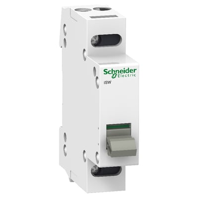 Schneider Electric iSW 2-polet lastafbryder på 20A og 415V, bredde 18mm, med gråt betjeningshåndtag.