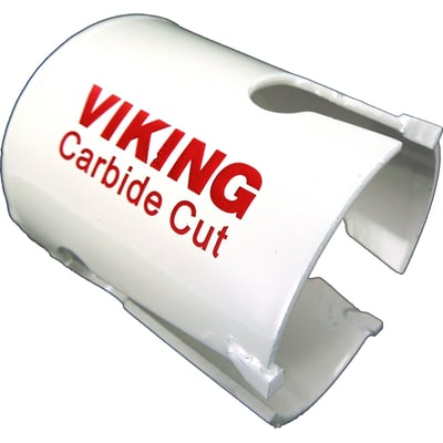 Nærbillede af VIKING Carbide Cut hulsav Ø 79 mm med synlige tænder og beslag, hvid overflade.