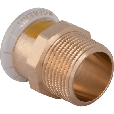 Geberit Mapress kobberovergang CUG med 22 mm muffe og 3/4-tommers nippel, vist skråt med gevind og hvid beskyttelsesring.
