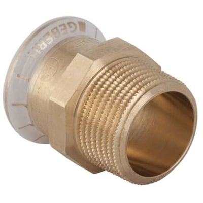 Geberit Mapress kobber overgang med 18mm muffe og 1/2" udvendigt gevind på hvid baggrund.