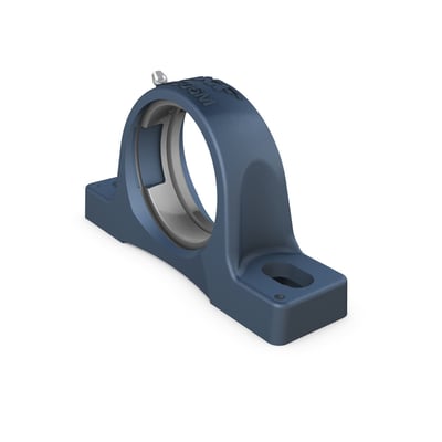 SKF lejehus SY 513 M i mørkeblå metal, med synlige monteringshuller og indre lejedel.