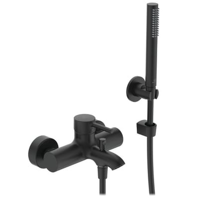 Ideal Standard Ceraline kar- og brusearmatur i mat sort finish med et-grebs betjening og bruseholder.