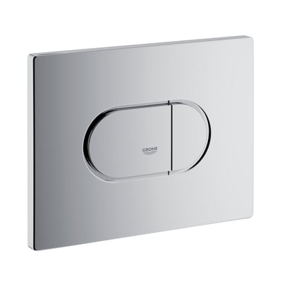 Grohe Arena Cosmopolitan betjeningsplade i vandret format med blank kromfinish og to afrundede skylleknapper.