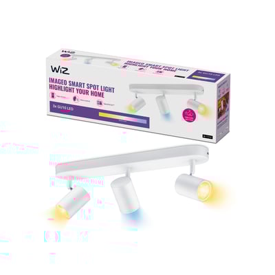 WiZ Imageo spotlampe med 3 justerbare GU10 LED spothoveder i hvid, præsenteret med emballage.