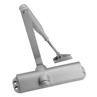 Jasa Company dørlukker EN 2-4 med standard arm i sølvfarvet aluminium med CE-godkendelse, vist på hvid baggrund.