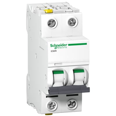 Schneider Electric automatsikring Acti9 iC60N, 2P, 13A, D-karakteristik og 6kA brydeevne på hvid baggrund.