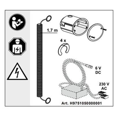 Diagram over Laufen el-monteringssæt LIS med indmuringsdåse, tomrør og strømkabler for 6V DC og 230V AC.