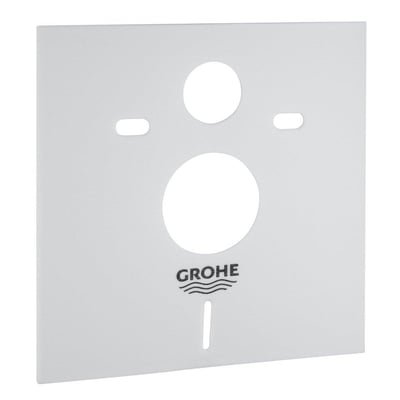 Grohe lyddæmpersæt i hvid plast, 420x420mm, vist med logo og tydelige udskæringer til montering på væg.
