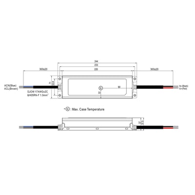 Teknisk tegning af Mean Well ELG-200-12 LED driver med dimensioner og tilslutningsdetaljer i millimeter.