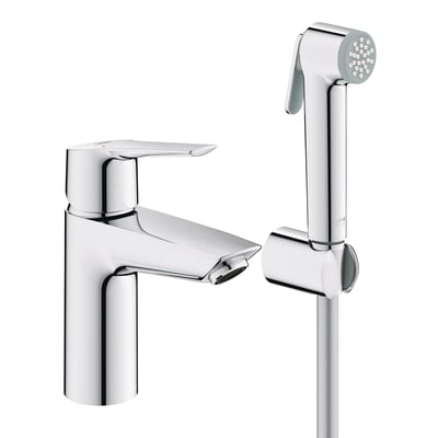 Grohe Start etgrebsbatteri og håndbruser i blank krom, vist isoleret på hvid baggrund med 165mm tud.