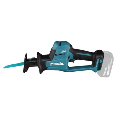 Makita 18V bajonetsav DJR189Z med tilkoblet 18V batteri og savblad, fremhæver kulfri motorteknologi.