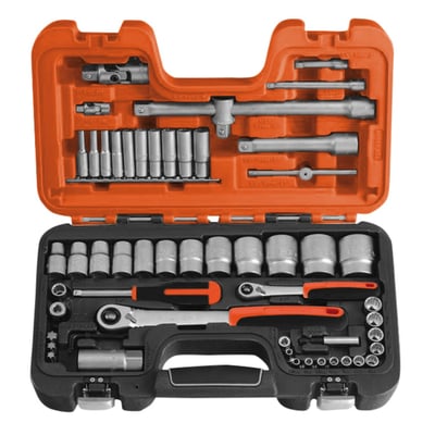 Bahco 1/4" og 1/2" topnøglesæt med 56 dele i en åben, orange og sort plastikkuffert.
