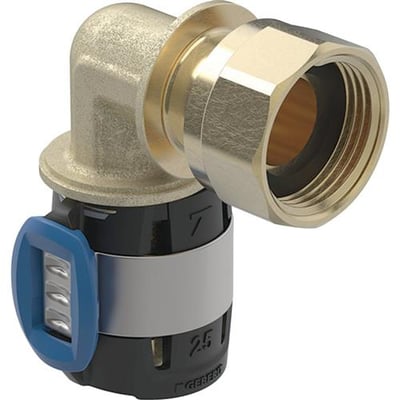 Geberit FlowFit pressvinkel på 90° med 16 mm presshylse og 1/2" overfallsmutter, sett skrått forfra.