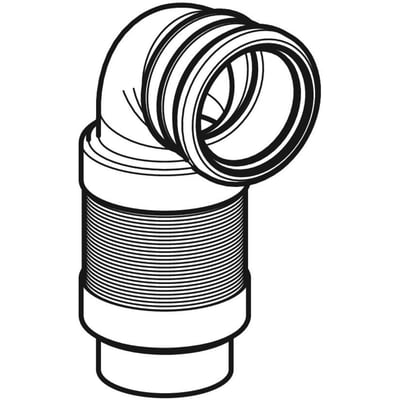 Teknisk tegning af Geberit toiletbøjning 90 grader, teleskopisk, Ø90mm, viser rillede overflader og tilslutningsdimensioner.