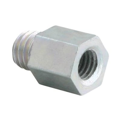 Walraven BIS adapter M12 x M16 i elforzinket stål, sett skrått med utvendige gjenger til venstre og synlige innvendige gjenger.