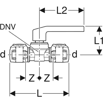 Teknisk tegning af Geberit FLOWFIT kugleventil 50mm med dimensioner L1, L2, d, Z og angivelse af DN V.