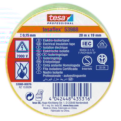 Tesa Isoleringstape 53988 i grøn/gul, 19 mm x 20 meter, med elektriske symboler og certificeringer, vist på en hvid baggrund.
