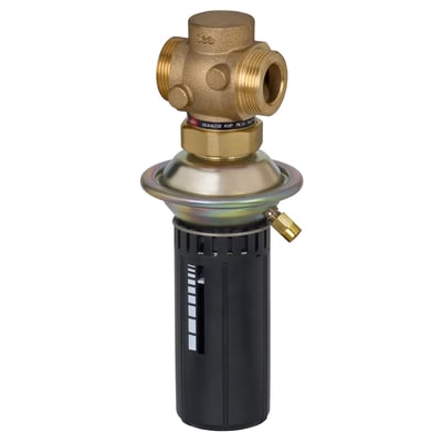 Danfoss AVP 25 differenstrykregulator i rødbronze med 1 1/4" udvendigt gevind og sort plasthus med hvide markeringer på hvid baggrund.
