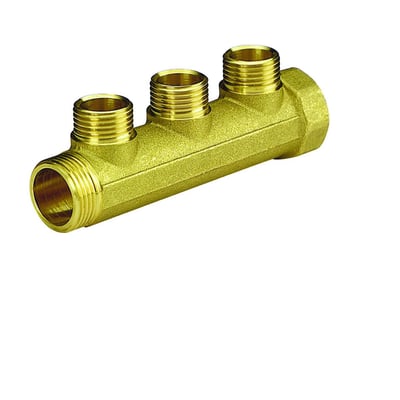 Pettinaroli fordelerrør i messing med 3/4" tilkobling og tre 1/2" avgreninger, sett skrått forfra.