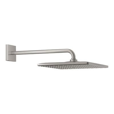 Grohe Rainshower Mono hovedbruser 310x310mm i børstet stål med 422mm brusearm, monteret på væg. Visuelt tiltalende design.