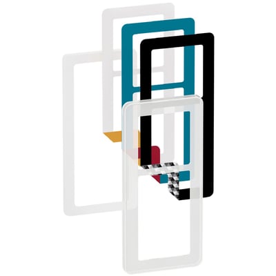 LK FUGA Choice designramme i frosted glas med fire forskellige farveindsatser: blå, sort, gul og rød, vist som lag.