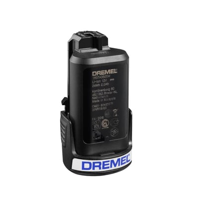 Dremel 12V 2,0Ah lithium-ion batteri med tydelig Dremel logo og produktinformation angivet på siden.