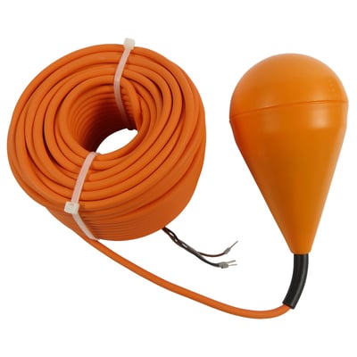 Grundfos svømmerafbryder MS1 i orange, med 30 meter ledning og synlige ledningsender, klar til tilslutning.